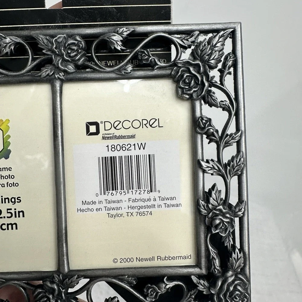 Double Ornate Picture Frame Metal Antiqued Silver Rose Floral Tabletop 1.75x2.5
